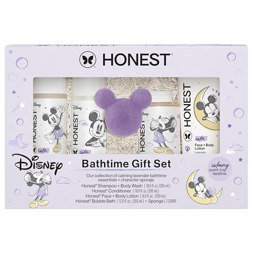 Image of The Honest Company Calm Lavender Bathtime Gift Set, Disney Design, Hypoallergenic Bath for Sensitive Baby Skin, Shampoo Body Wash Face Lotion Bubble Conditioner Sponge