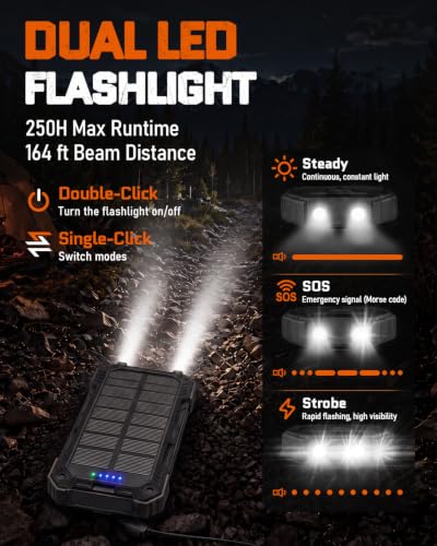 Image of Solar Charger Power Bank - 49800mAh QC3.0 Fast Charging Portable Charger | 5V /3.1A Wireless Solar Battery Charger Built-in 4 Cables with USB C & Flashlight, Power 6 Devices for iPhone /Android(Black)