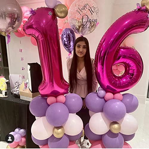 Image of 40 Inch Hot Pink 16 Number Balloons Giant Jumbo Huge 16 Foil Mylar Helium Number Balloons Dark Pink Birthday Mylar Digital Balloons 16th Birthday Anniversary Events Party Decorations Supplies