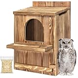 Large Owl House with Wood Shavings- Durable Carbonized Pine Wood Owl Box for Outdoors, Barred and Screech Bird Nesting Box, Easy Clean & Ventilated Design, Ideal for Barn Bird Roosting