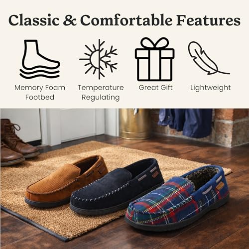 Image of Dearfoams Men's Keaton Moccasin House Shoes With Memory Foam, Indoor Slippers With Wide Widths