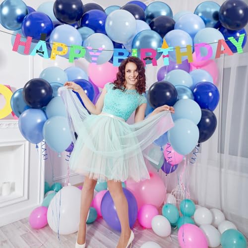 Image of 100pcs Blue Balloons, 12 inch Chrome Royal Navy Pearl Macaron Baby Blue Balloons for Birthday, Baby Shower, Wedding, Graduation Party Decorations