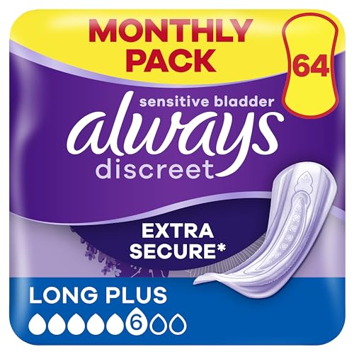 Always Discreet Incontinence Pads Women Long Plus 64 Count, Extra Secure & Discreet
