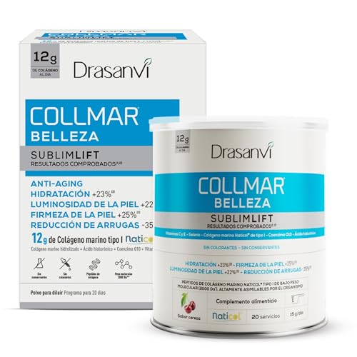 COLAGENO MARINO BELLEZA SUBLIMLIFT | Collmar 12 gr Colageno Hidrolizado Puro| Colágeno y Acido Hialurónico, Coenzima Q10 +Vitaminas | Piel Firme, Hidratada y Sin Arrugas | Sabor Cereza | 300g Drasanvi