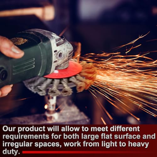 Image of Tioncy 12 Pack Wire Wheel for Angle Grinder, for 4-1 /2 inch Angle Grinder with 5 /8 inch-11 Arbor, Heavy Duty Carbon Brushes for Rust Removal Heavy Cleaning Polishing(Red,Knotted Wire Wheel Brush)