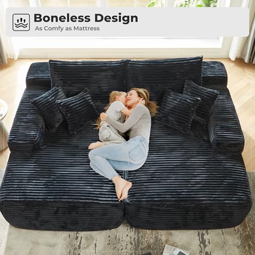 Image of HOOOWOOO Chaise Lounging Sleeping Sofa, 81x67 Assembly Free Modern Minimalist Sofa, Extra Deep Large Sofa Set, Free Standing Floor Couch in A Box for Living Room (Black Velvet Upholstered)