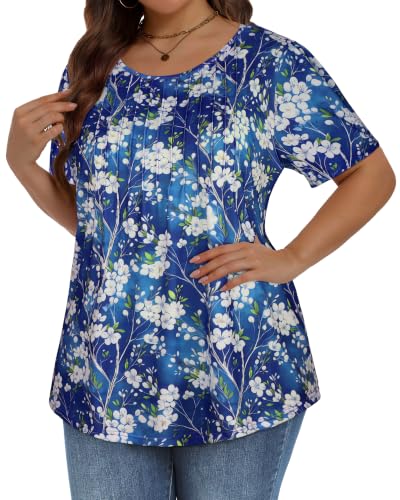 Image of Plus Size Tops for Women Summer Pleated Short Sleeve Shirts Casual Blouses | Floral or Boho Tunic, Trendy Summer Outfits, Loose Fit Business Clothes, XL to 6XL