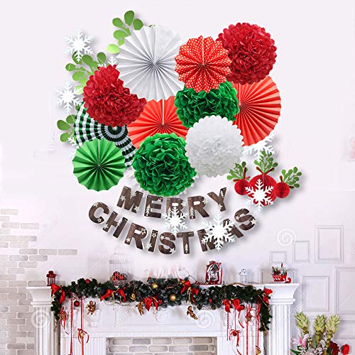 Image of Red White and Green Hanging Paper Decor - Round Paper Fans, Pom Poms, Flowers - Perfect for Christmas, Birthdays, Weddings, Graduations, Baby Showers