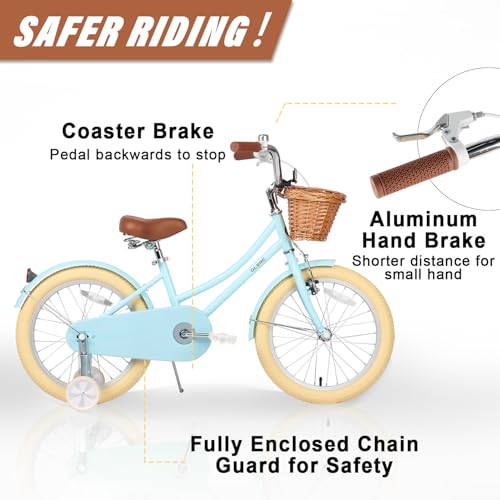 Image of Glerc Little Molly 12-20 Inch Kids Retro Cruiser Bike for 2-13 Year Old with Wicker Basket & Training Wheels /Kickstand, Multiple Colors
