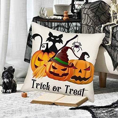 Fukeen Halloween Trick Or Treat Pillow Covers Scary Pumpkin Wearing Witch Hat Broomstick Cat Spider Web 18X18 Inch Throw Pillow Cases Cotton Linen Haunted House Decorations Pillowcase Square #TOP1