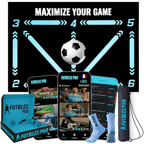 Tapis Entrainement Foot – Inclut une Application d’Entraînement avec Vidéos Interactives et Programmes Progressifs + Chaussettes Antidérapantes, Sac de...