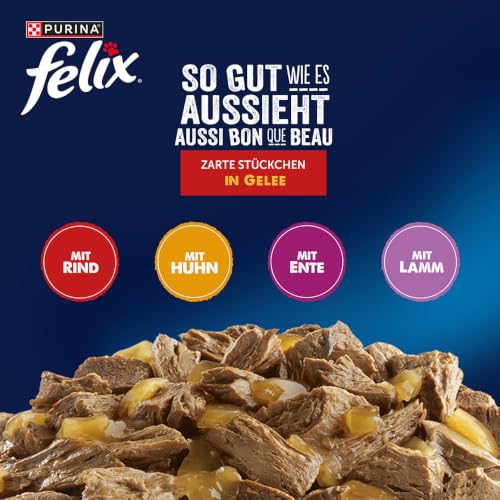 FELIX So gut wie es aussieht Nassfutter für Katzen Geschmacksvielfalt vom Land Vorteilspack, 44 praktische Portionsbeutel, zarte Stückchen in Gelee, 4 leckere Sorten, 100% vollständige Ernährung