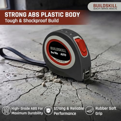 Image of BUILDSKILL 5 Meter Auto Lock Measuring Tape | Double Hook & Double Sided 19MM Wide Steel Measuring Blade | TPR Soft Grip & Unbreakable ABS Body | Belt Clip & Hand Strap for DIY & Professional Use