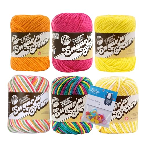 Image of Lily Sugar'n Cream 100% Cotton Yarn 6-Pack Bundle with Bella's Crafts Stitch Markers (Orange, Pink, Yellow Mix)