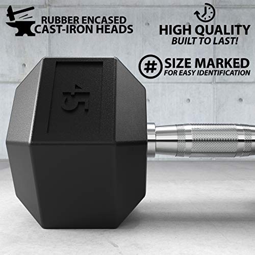 Synergee 45 Lb Rubber Encased Hex Dumbbells With Chrome Handle. Sold Individually All Purpose Weights For Strength & Conditioning Training. #TOP3