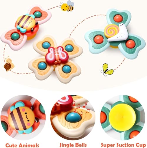 Image of Baby Bath Toys Spinner Toy 3 PCS Spinners for Baby Toddlers Boys Girls Waterproof Suction Cup Spinning Top Rotating Montessori Learning Toy Sticks to Smooth Surface (Multi)