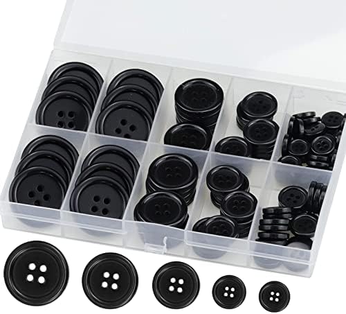 Premium 100 Pcs Resin Sewing Buttons, Eco-Friendly 4-Hole Craft Buttons, 5 Sizes of Black Round Mixed Buttons Suitable for Sewing, DIY and Holiday Decoration