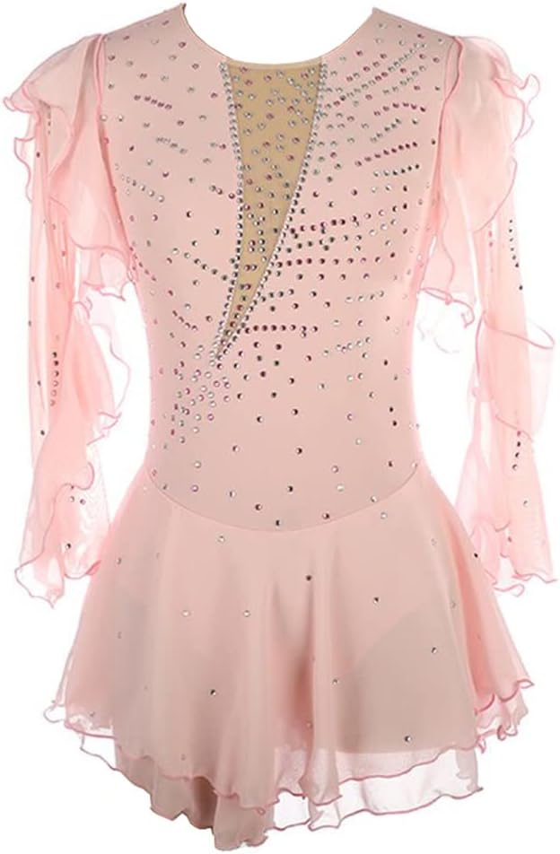 Figure Skating Dress Light Pink Mesh Long Sleeves Hand-Set with Diamonds Can Be Customized