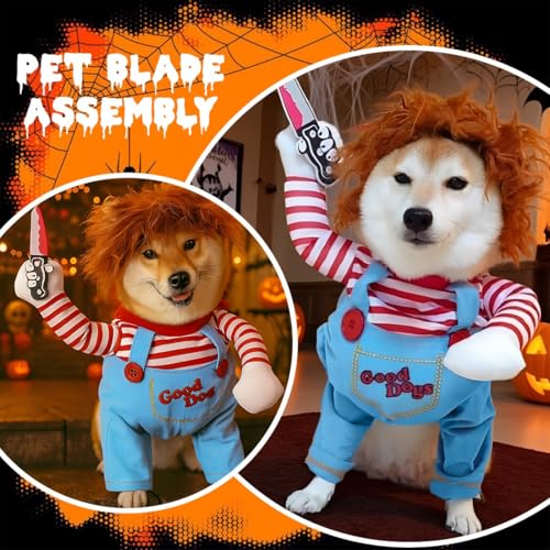 KUMSODE Halloween Hundekostüme für Hunde Wig and Knife,Lustige Chucky Hundekleidung Puppe Halloween Cosplay Kostüm (S)