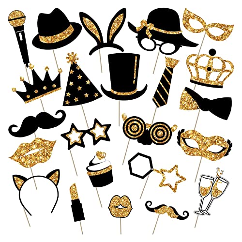 24 Pcs Accesorios Photocall para Cumpleaños, Foto Props de Fiesta de Sombreros, DIY Photo Booth Props,Accesorios Photocall para Fiesta Cumpleaños Boda Comunión Navidad(Oro)