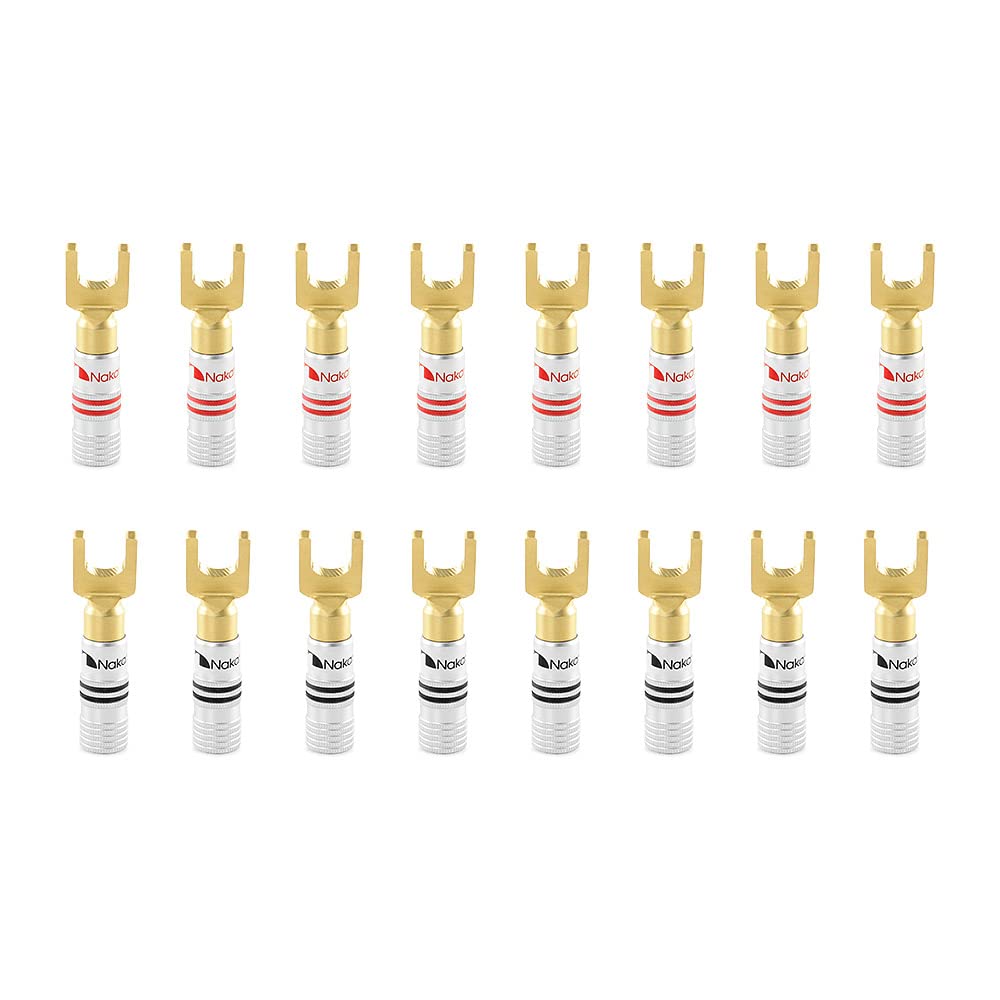 NakamichiExcel Series 24k Gold Plated Banana Plug 12 AWG - 18 AWG Gauge Size 4mm for Speakers Amplifier Hi-Fi AV Stereo Home Theatre Audio Wire Cable Screw Connector 16 Pcs (8-Pairs), Spade Connector