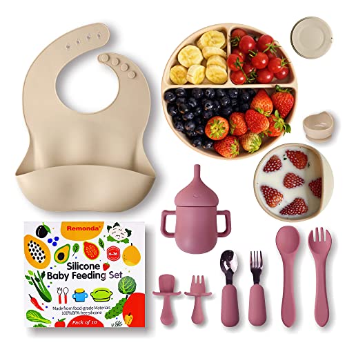 Remonda Baby Led Weaning Supplies Baby Feeding Set Toddlers Silicone Suction Bowl Divided Plate, Self Feeding Spoon Fork, Adjustable Bib, Straw Cup Infant First Stage Eating Utensil (10 Packs)