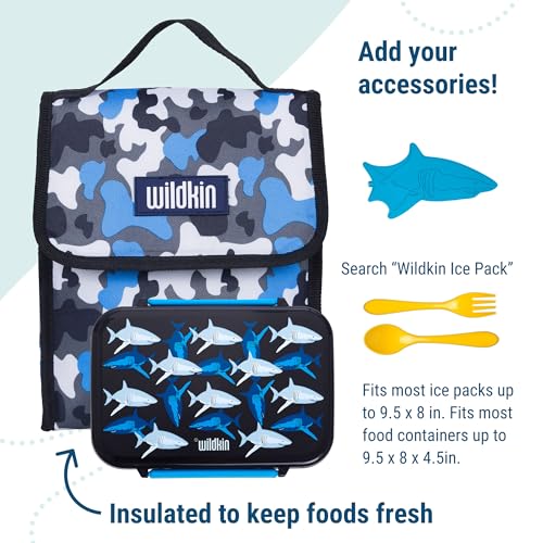 Image of Wildkin Kids Insulated Lunch Bag - Keeps Food Hot or Cold, Easy-Clean Lining and BPA-free for Boys & Girls, Ideal for School, Travel & Daycare - Blue Camo