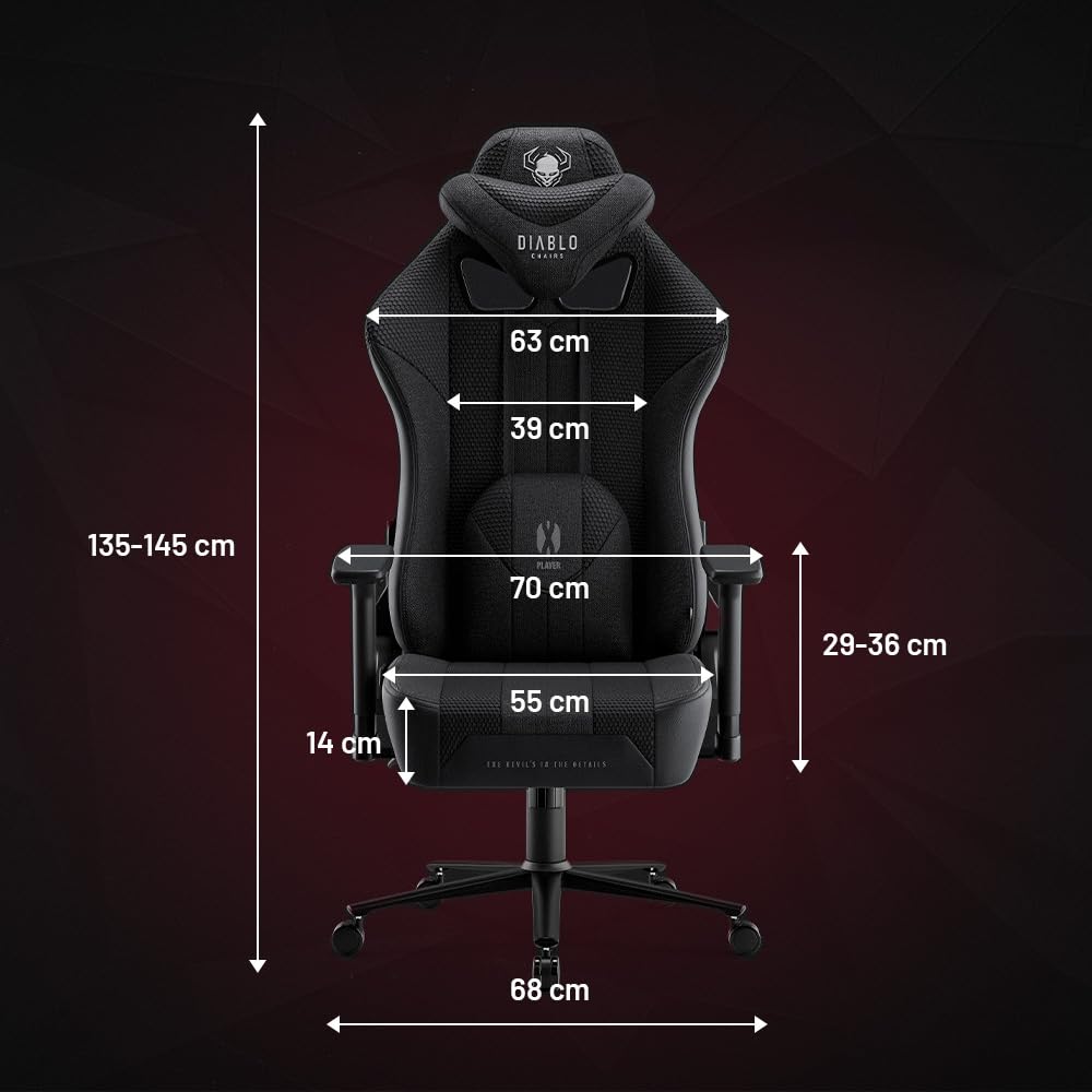 Diablo Gaming Stuhl Stoff X-Player 2.0 - Breite Sitzfläche - Gaming Chair mit 3D Armlehnen - Nacken/- Lendenkissen Wippfunktion - Bürostuhl 160 kg - Pc Gaming Stuhl Ergonomisch - King (XL)