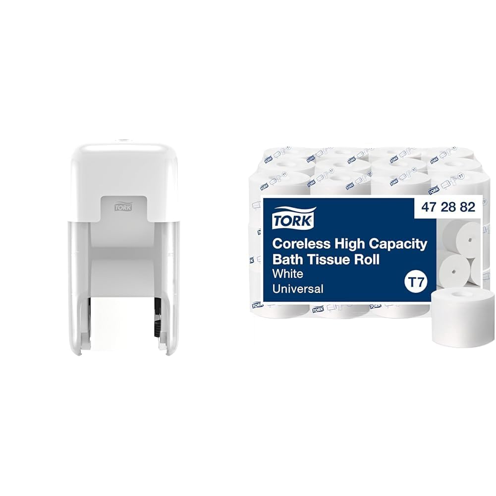 Tork OptiServe 2-Roll Coreless Toilet Paper Dispenser White T7/T5, Vertical Dispenser, Elevation Design + Tork Coreless High-Capacity Toilet Paper Roll White T7, Universal, 2-ply, 36 x 1100 Sheets
