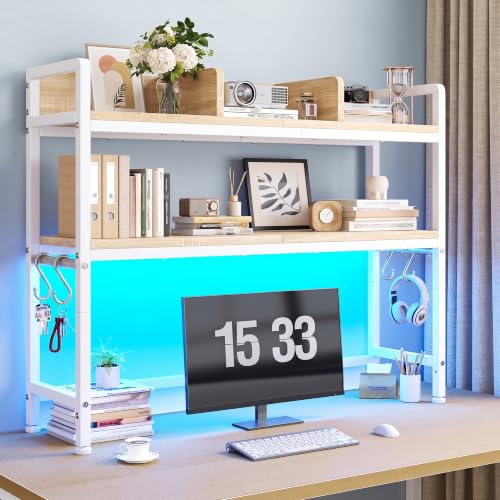 REIBII 2-Tier Desk Shelf with LED for Bedroom and Home Office, White