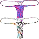 Jaxu Hot Men's Flex Micro Thong Underwear Male Slim Pouch Bikini Tangas Hombre Thin Belt G-string Minimum Coverage T-back 2-Pack(pink zebra,white spot) XL