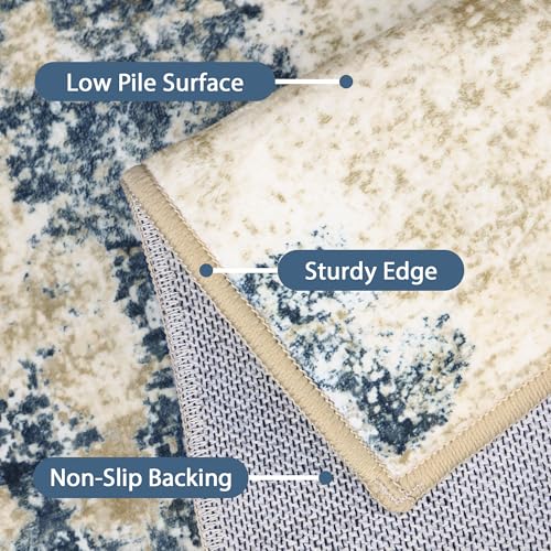 Area Rugs 10x12 for Living Room Bedroom, Modern Abstract Machine Washable Rug, Large Soft Low Pile Floor Cover with Non Slip Backing for Dining Room, Blue Beige