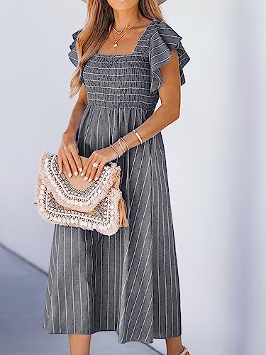 Image of CUPSHE Women's Summer Dress Square Neck Striped Smocked Dress Ruffled Cap Sleeves Dress A Line Maxi Formal Dress