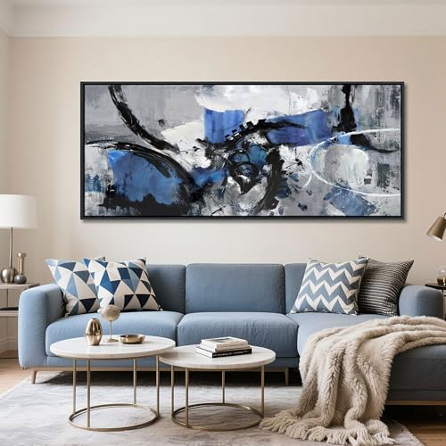 Image of Blue Abstract Wall Art - Canvas Wall Art in Blue and Black Framed Gray Artwork for Living Room, Bedroom and Office Decorations for Work - Modern Wall Decor and Pictures