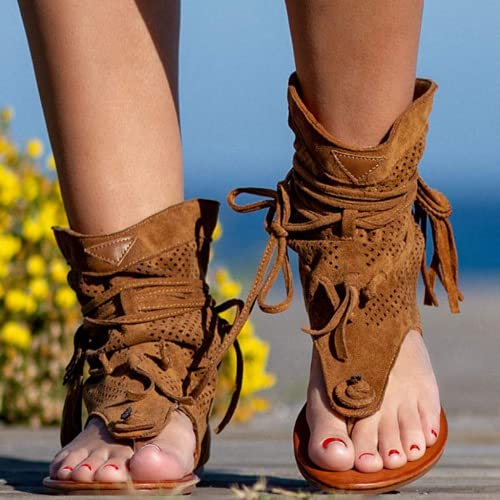 Tassel Sandals for Women, Retro Bohemian Gladiator Fringe Casual Shoes Flat Clip Toe Ankle Boots Beach Sandals T-Strap Roman Open-Toe Sandals2