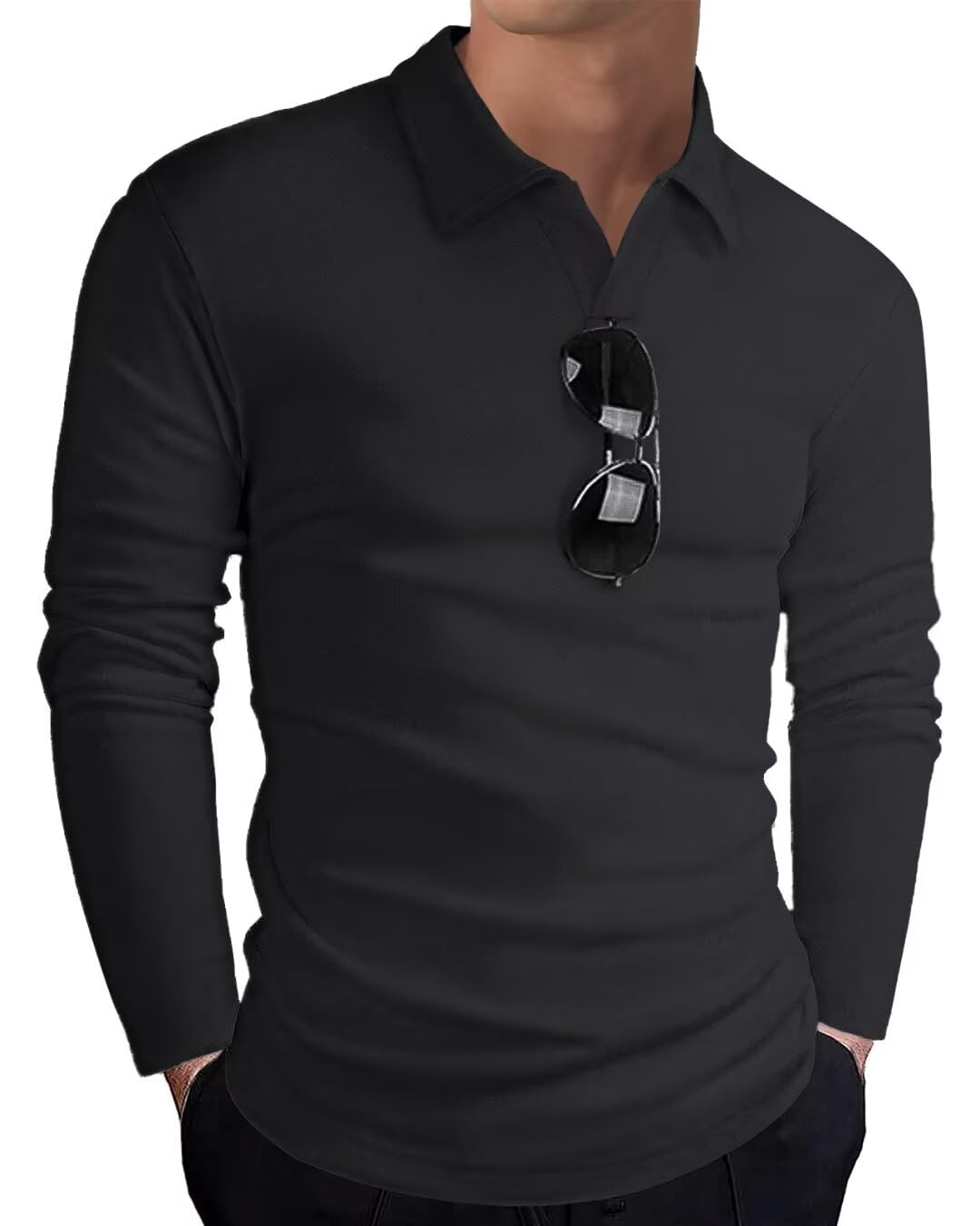 HMIYA Poloshirt Herren Langarm Baumwolle Langarmshirt Sweatshirt V-Ausschnitt Casual T-Shirts