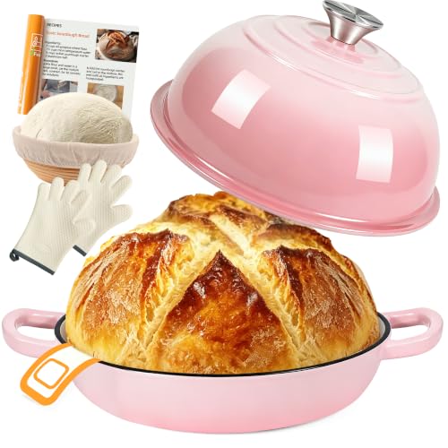 AHJ Gusseisen Topf Brot Backen 5 7L Brotbacktopf mit Gärkorb & Silikonmatte Emaille Dutch Oven 26cm für Sauerteig Brot Bräter Schmortopf für Backen Schmoren & Braten Geschenk für Brotbäcker (Rosa)