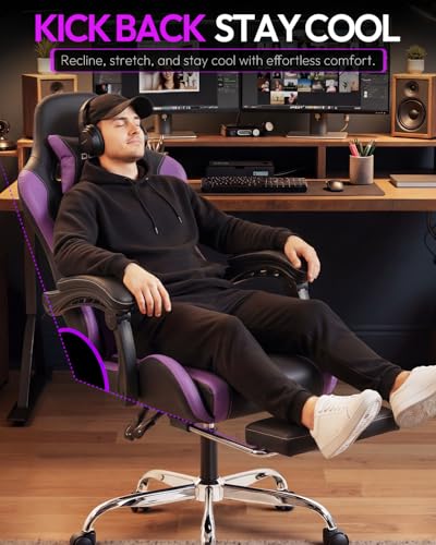 Image of Dowinx Ergonomic Gaming Chair with Footrest & Massage Lumbar, 2D-Linkage Armrests for Computer Chair 330lbs with Headrest Pillow for Office, Home, Streaming and Long Gaming Sessions, Fabric Purple