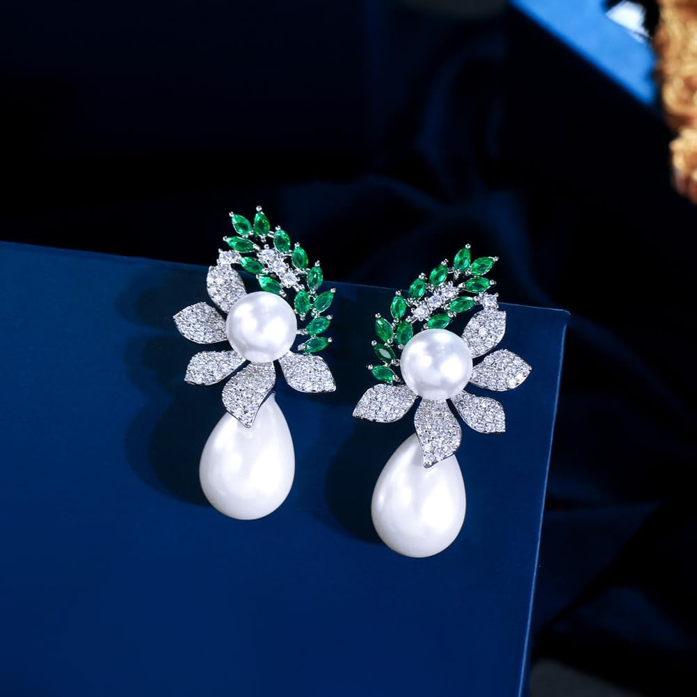 Luxury Pearl Drop Dangle Earrings, Silver Plated Crystal Flower with Green Marquise Cubic Zirconia Leaves, Wedding Engagement Party Jewelry
