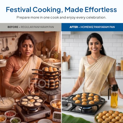 Image of HomeWiz Cast Iron Appe Pan 12 Cavity 26 cm | Free Oil Dispenser 500ml | Pre-Seasoned Appe Maker for Appam, Paniyaram & Appe | Non Stick Appam Pan | Naturally Non-Stick | Works On Induction & Gas