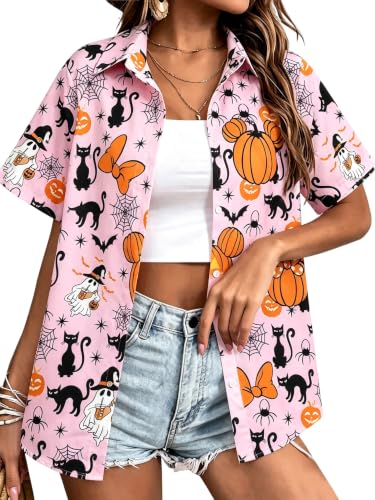 Womens Halloween Hawaiian Shirt Cute Pumpkin Spooky Castle Graphic Tee Magical Halloween Short Sleeve Button Up Tops — view 3