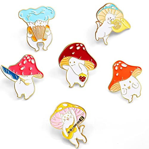 UCUNJIA 6 Épingles de Champignons en Émail Épingle de Champignon de Dessin Animé Mignonne Épingles d’Animaux Drôles pour Sac à Dos Broches de Champignon Broches Bouton de Chat Champignon, 6 Styles Cover