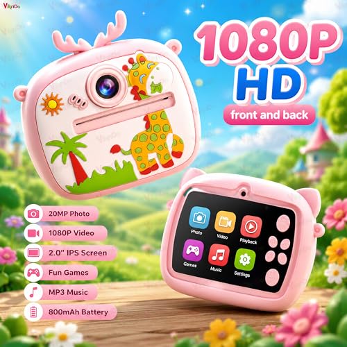 Image of VikriDA Instant Print Camera for Kids | 1080P HD Digital Camera with Video Recording, Built-in Printer, Fun Filters & Stickers - Dino-Themed Instant Digital Camera