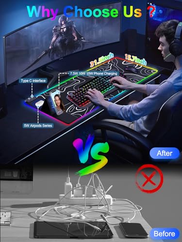 Image of XXL Mouse Pad with Phone Holder - Black, RGB Desk Mat with 15W Fast Charging, LED Gaming Mousepad with 11 Light Colors, Waterproof Non-Slip Pad for Office & Home (Topographic)