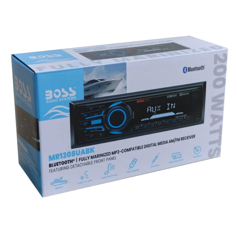 ZESTAW DO BOSS AUDIO SYSTEMS MR1308UABK, Radio single DIN, odbiornik AM/FM, stereo, AUX/USB/MP3, z Bluetooth, morskie, do łodzi i pontonów, czarne, 1 sztuka + akcesoria gratis
