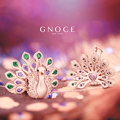 GNOCE "New Beginning And Eternal Life Rose Gold Plated Gorgeous Peafowl Charm With Emerald And Amethyst Stones 925 Sterling Silver Peacock Bead Charm Pendent Crystal Fit Snake Chain Bracelet Necklace3