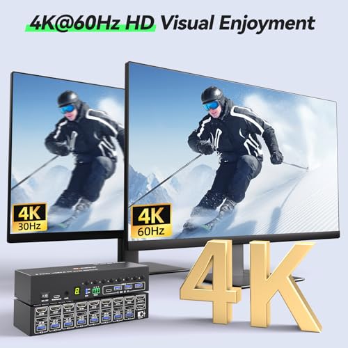 Image of 8 Port HDMI Displayport KVM Switch 2 Monitors 8 Computers 4K@60Hz EDID Simulation,8 PC Dual Monitor KVM Switch with 4 USB 3.0 Ports,Audio,RS232,with Wired Remote,12V Power Adapter and 8 USB Cable