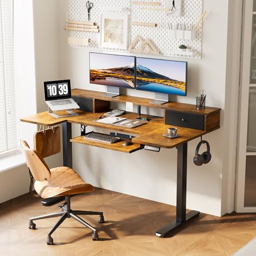 Image of OffiGo U Shaped Electric Standing Desk with Drawers, 55 Inch Height Adjustable Desk with Keyboard Tray & Ergonomic Monitor Stand, Sit Stand Table with Power Outlets for Home, Office, Rustic Brown