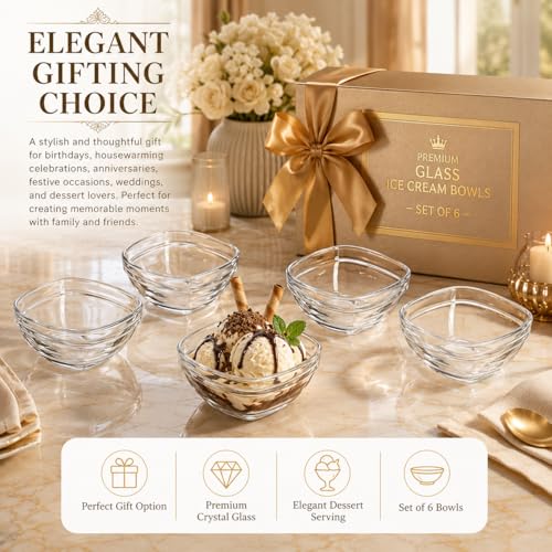 Image of WRINGO Glass Bowl for Kitchen Prep, Dessert, Dips, and Candy Dishes, Cake, Snack Bowl Set of 6 Or Nut Bowl, and Microwave Safe Clear Glass Bowls for Mixing, Storing Size 4.5 Inch