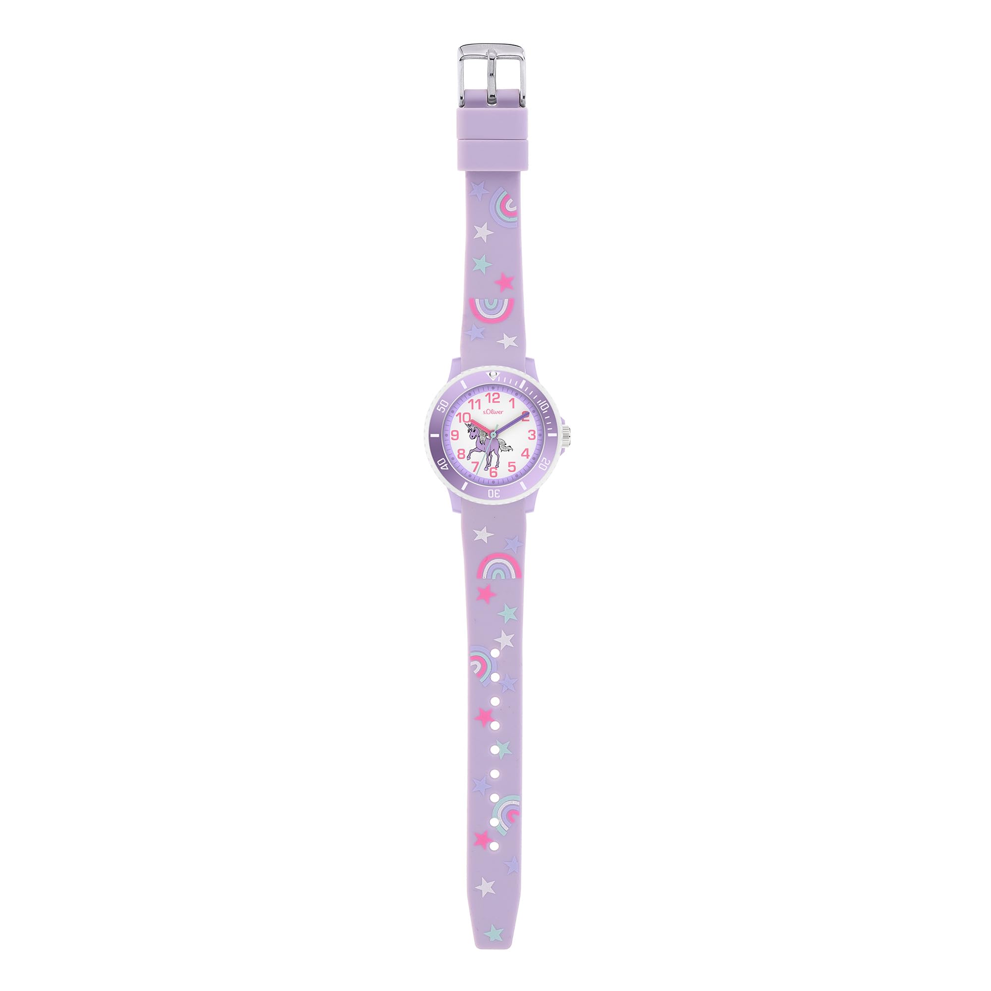 s.Oliver Reloj Infantil Redondo – Lila – 38 mm – Reloj de plástico con Movimiento de Cuarzo en la Correa de Silicona con Hebilla – Reloj analógico – Resistente al Agua 5 ATM – Resistente a los